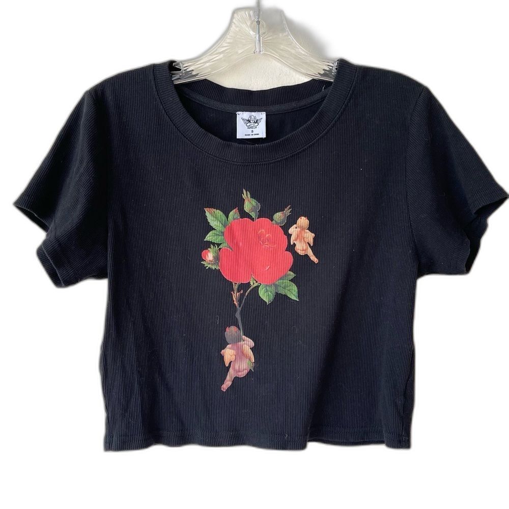 BOYS LIE lack Crop Top S Red Rose Angel Graphic Ribbed Baby Tee Y2K Streetwear